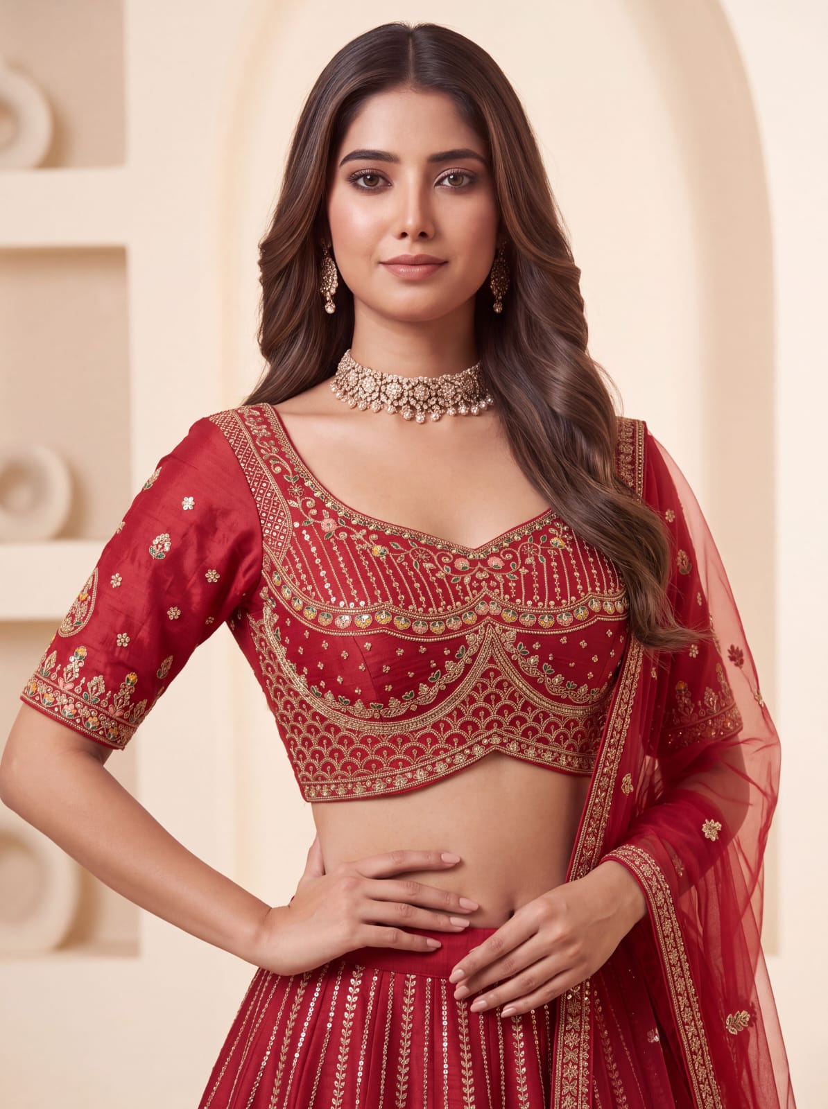 Red Pure Premium Silk Heavy Beads &amp; Motif Dori Embroidery Zari Sequins Hand Work Bridal Lehenga Choli
