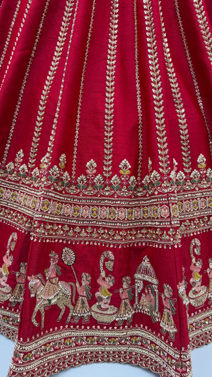 Red Pure Premium Silk Heavy Beads &amp; Motif Dori Embroidery Zari Sequins Hand Work Bridal Lehenga Choli