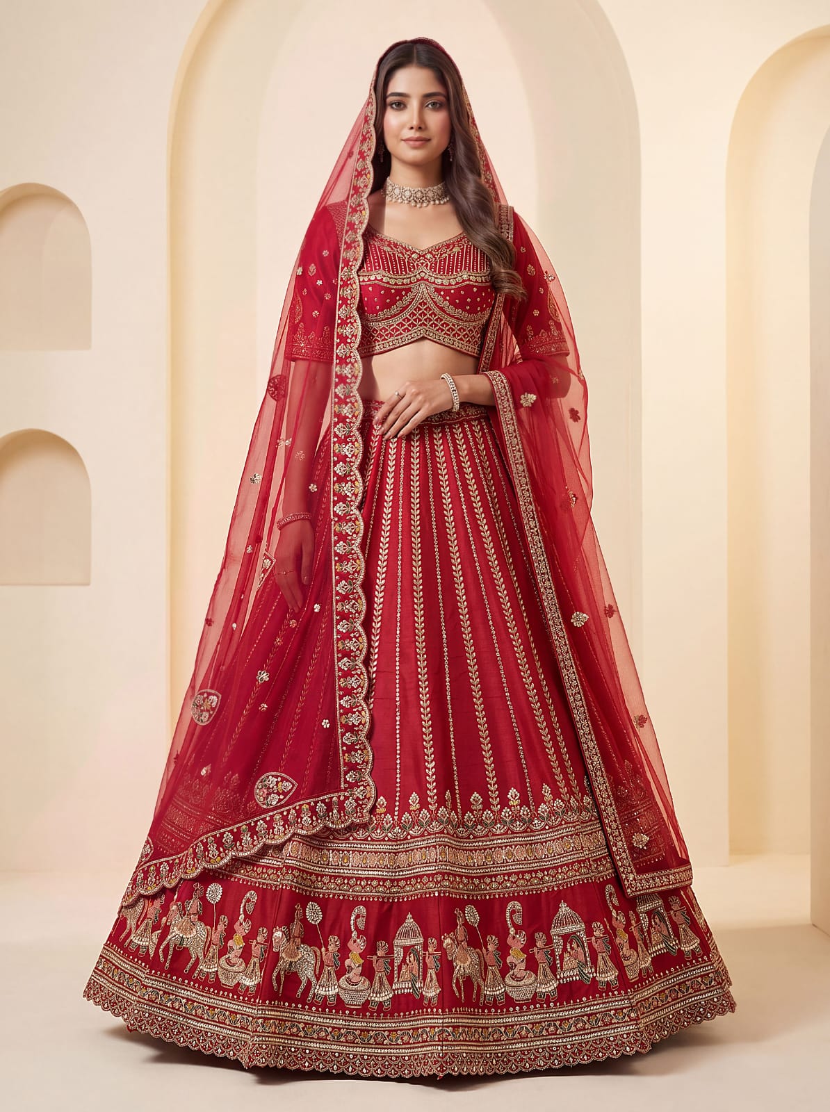 Red Pure Premium Silk Heavy Beads &amp; Motif Dori Embroidery Zari Sequins Hand Work Bridal Lehenga Choli