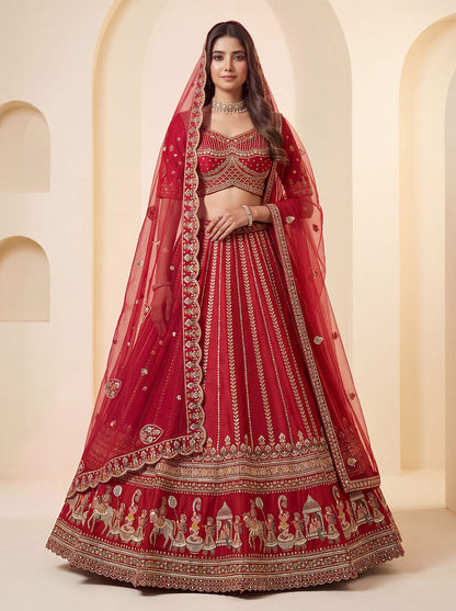 Red Pure Premium Silk Heavy Beads &amp; Motif Dori Embroidery Zari Sequins Hand Work Bridal Lehenga Choli