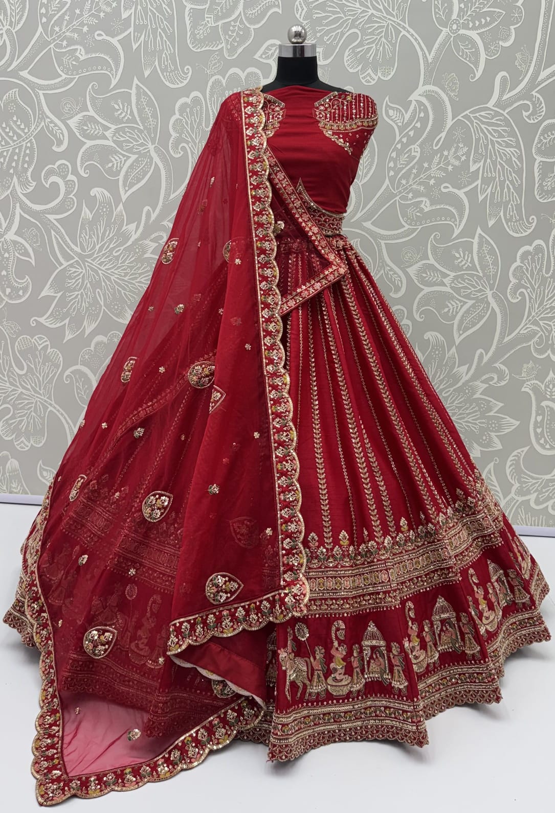 Red Pure Premium Silk Heavy Beads &amp; Motif Dori Embroidery Zari Sequins Hand Work Bridal Lehenga Choli