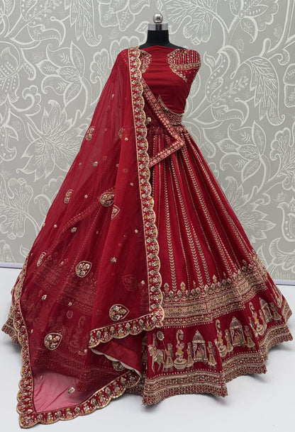 Red Pure Premium Silk Heavy Beads &amp; Motif Dori Embroidery Zari Sequins Hand Work Bridal Lehenga Choli