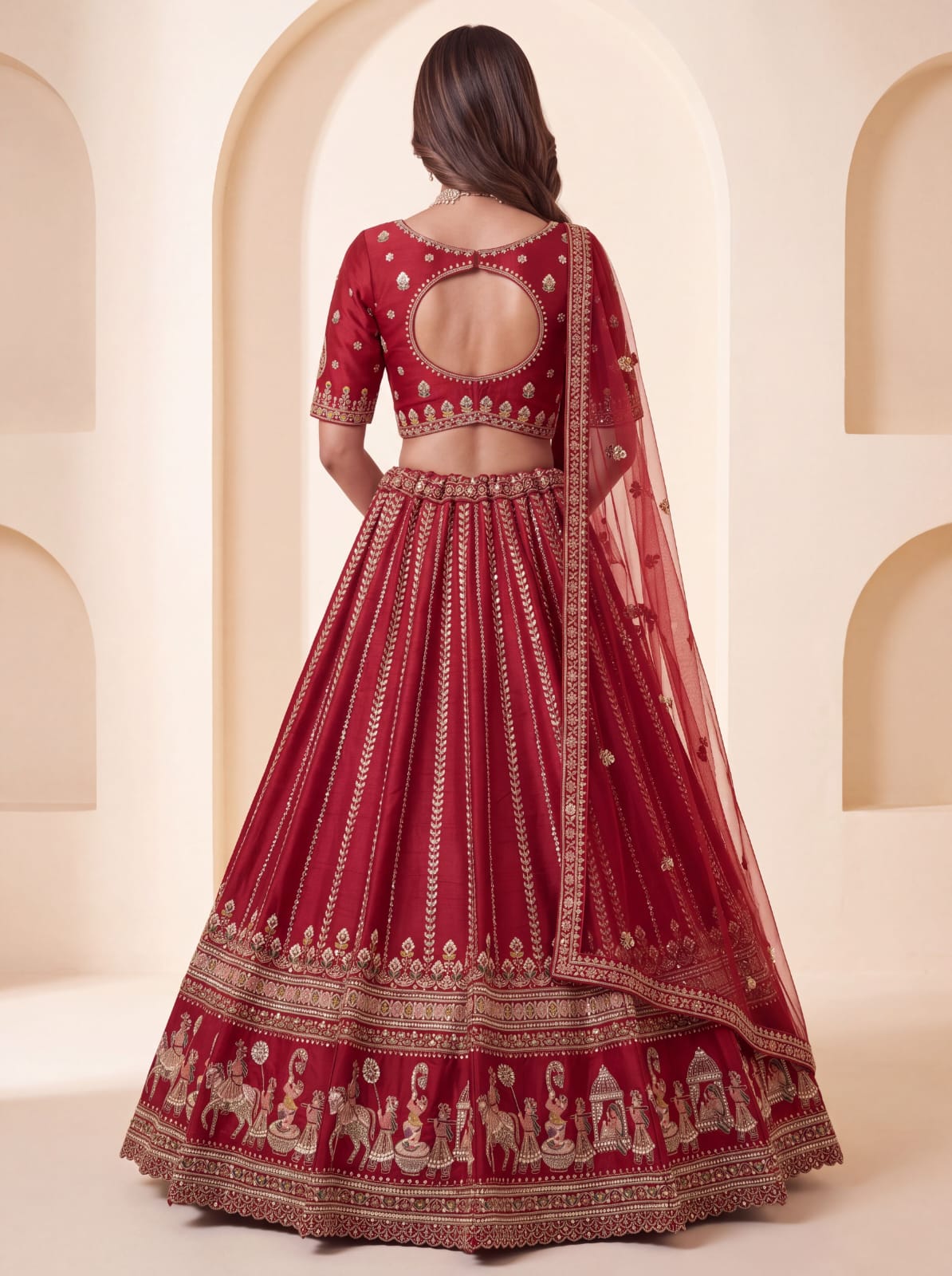 Red Pure Premium Silk Heavy Beads &amp; Motif Dori Embroidery Zari Sequins Hand Work Bridal Lehenga Choli