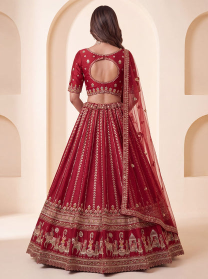 Red Pure Premium Silk Heavy Beads &amp; Motif Dori Embroidery Zari Sequins Hand Work Bridal Lehenga Choli