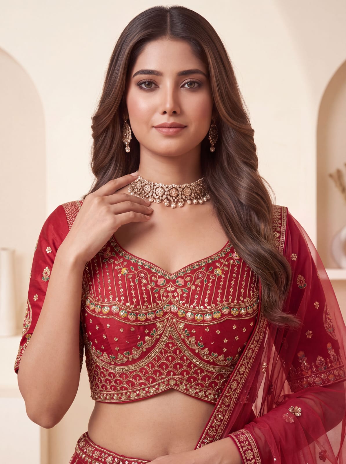 Red Pure Premium Silk Heavy Beads &amp; Motif Dori Embroidery Zari Sequins Hand Work Bridal Lehenga Choli