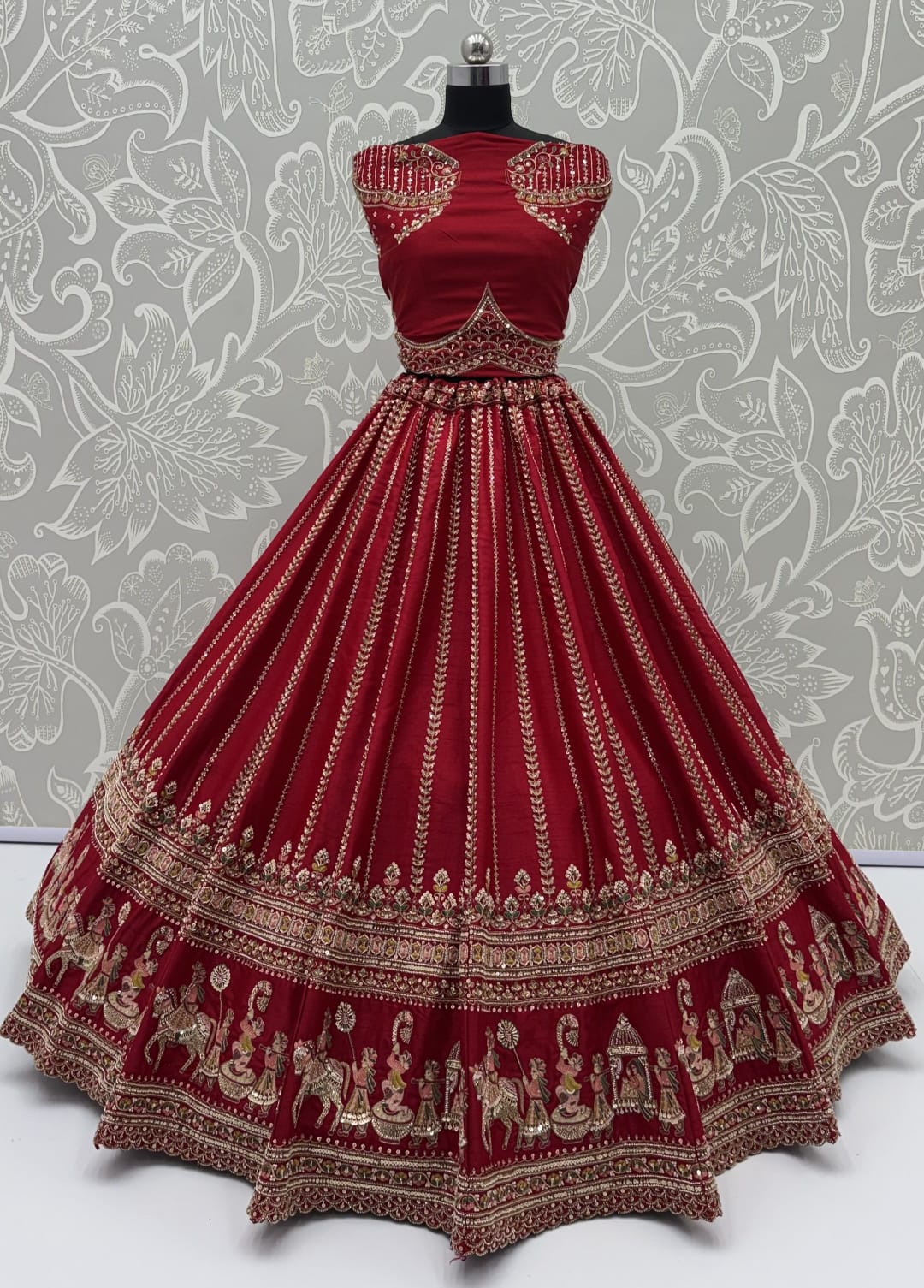 Red Pure Premium Silk Heavy Beads &amp; Motif Dori Embroidery Zari Sequins Hand Work Bridal Lehenga Choli