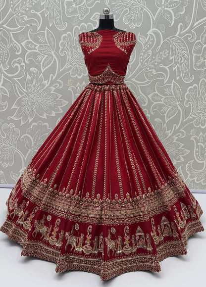 Red Pure Premium Silk Heavy Beads &amp; Motif Dori Embroidery Zari Sequins Hand Work Bridal Lehenga Choli
