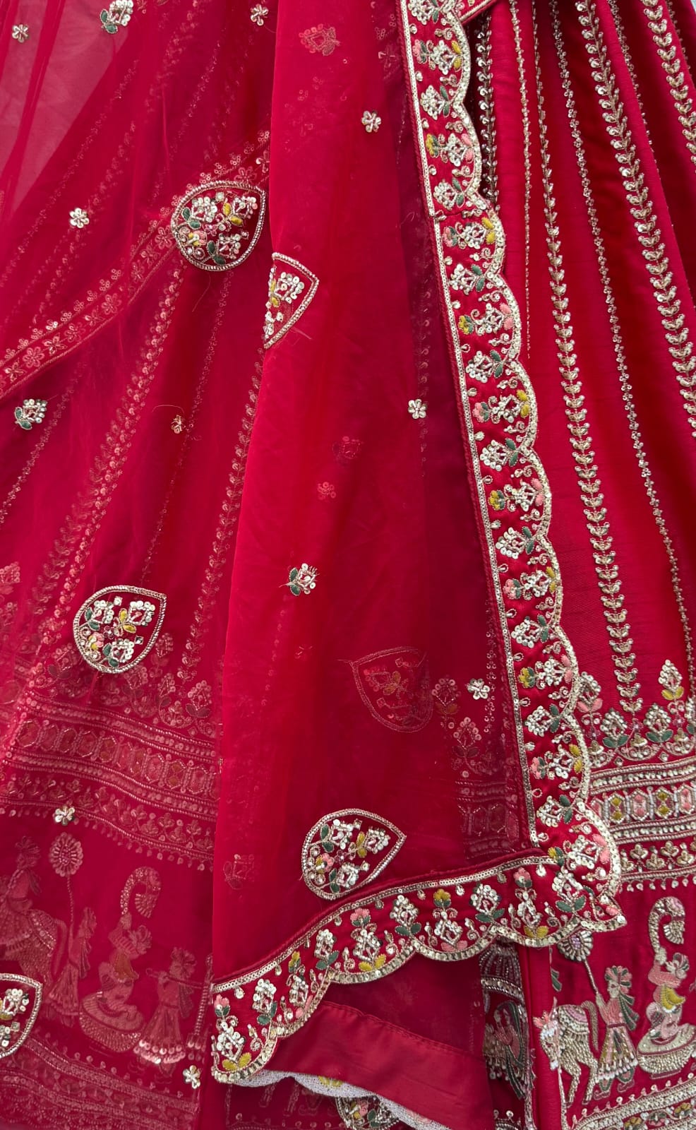 Red Pure Premium Silk Heavy Beads &amp; Motif Dori Embroidery Zari Sequins Hand Work Bridal Lehenga Choli