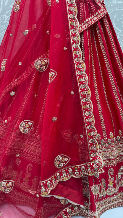 Red Pure Premium Silk Heavy Beads &amp; Motif Dori Embroidery Zari Sequins Hand Work Bridal Lehenga Choli