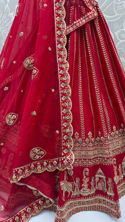 Red Pure Premium Silk Heavy Beads &amp; Motif Dori Embroidery Zari Sequins Hand Work Bridal Lehenga Choli