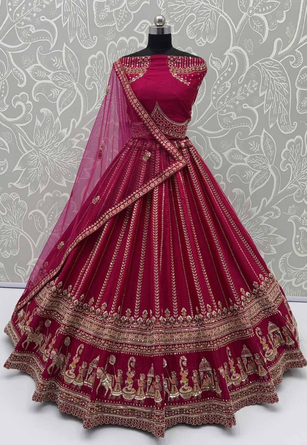 Pink Pure Premium Silk Heavy Beads &amp; Motif Dori Embroidery Zari Sequins Hand Work Bridal Lehenga Choli