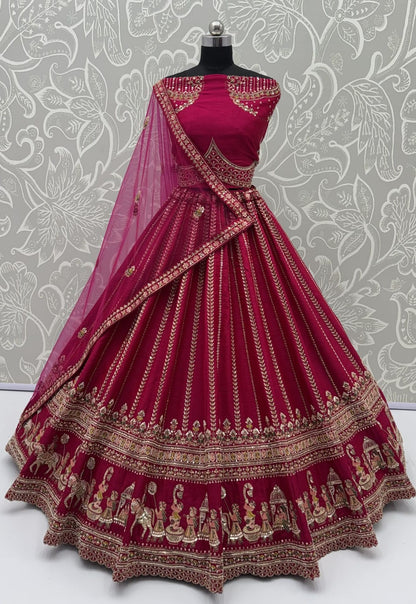 Pink Pure Premium Silk Heavy Beads &amp; Motif Dori Embroidery Zari Sequins Hand Work Bridal Lehenga Choli