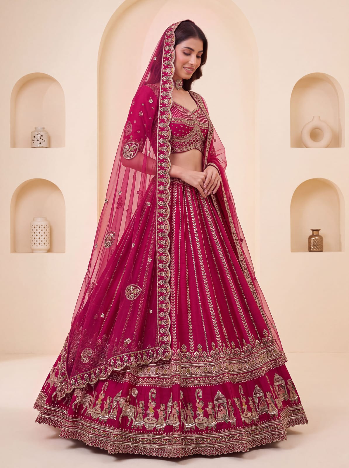 Pink Pure Premium Silk Heavy Beads &amp; Motif Dori Embroidery Zari Sequins Hand Work Bridal Lehenga Choli