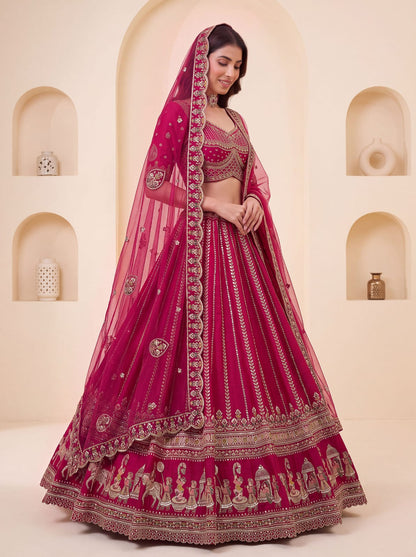 Pink Pure Premium Silk Heavy Beads &amp; Motif Dori Embroidery Zari Sequins Hand Work Bridal Lehenga Choli