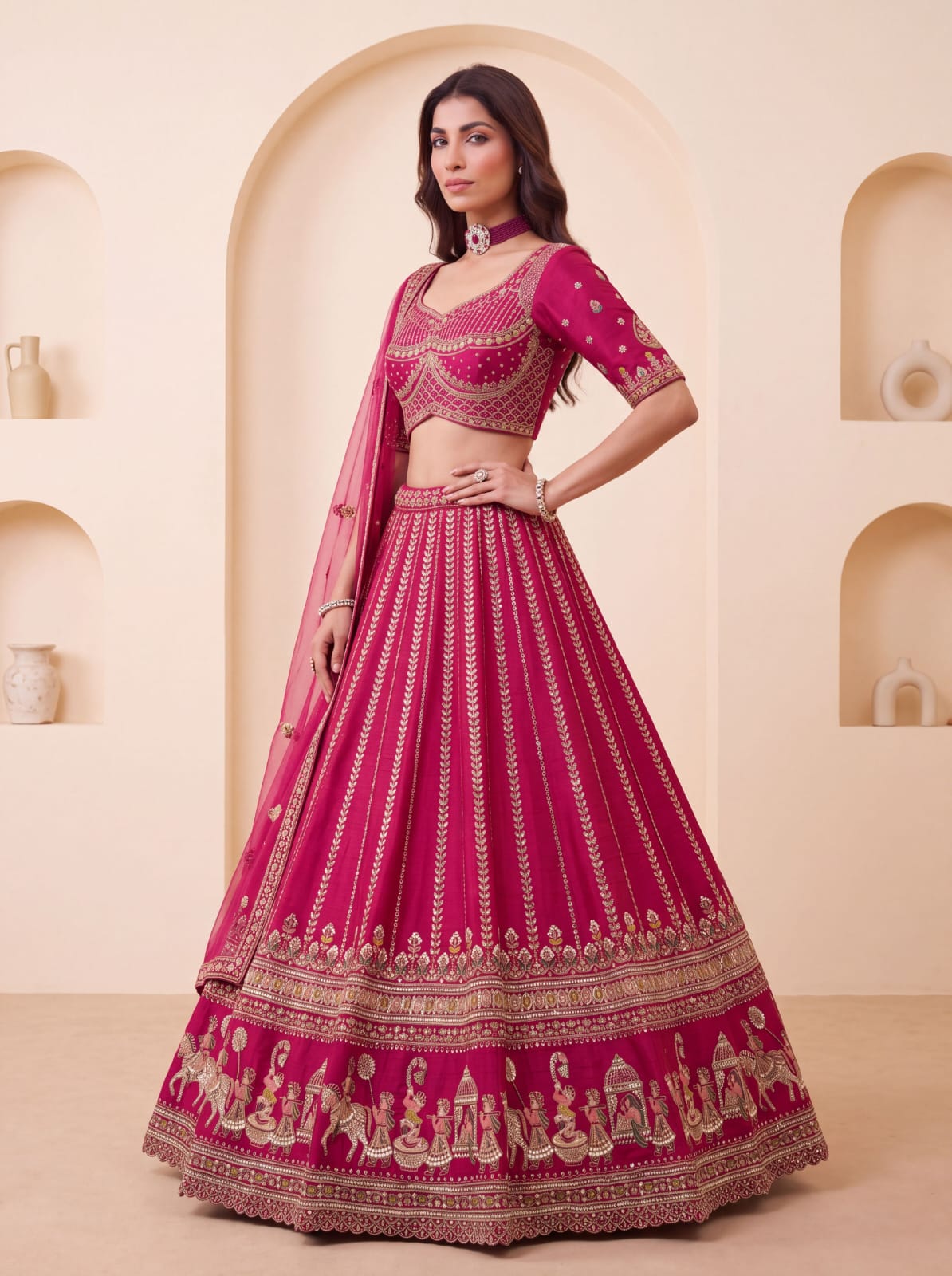 Pink Pure Premium Silk Heavy Beads &amp; Motif Dori Embroidery Zari Sequins Hand Work Bridal Lehenga Choli
