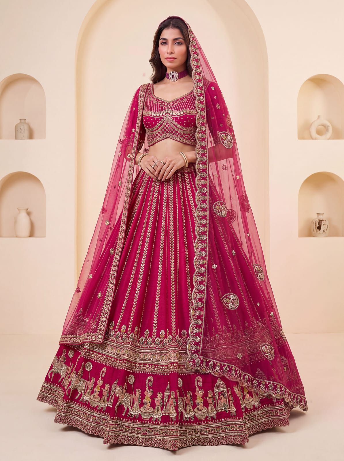 Pink Pure Premium Silk Heavy Beads &amp; Motif Dori Embroidery Zari Sequins Hand Work Bridal Lehenga Choli