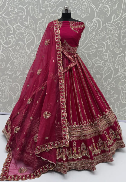 Pink Pure Premium Silk Heavy Beads &amp; Motif Dori Embroidery Zari Sequins Hand Work Bridal Lehenga Choli