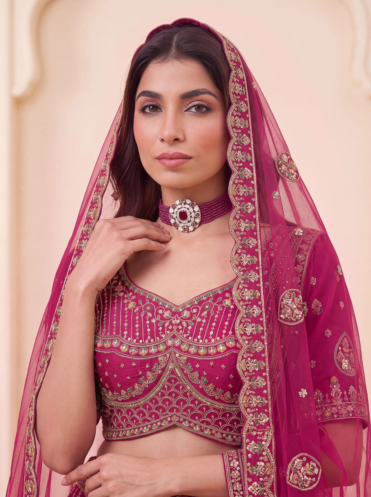 Pink Pure Premium Silk Heavy Beads &amp; Motif Dori Embroidery Zari Sequins Hand Work Bridal Lehenga Choli