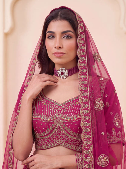 Pink Pure Premium Silk Heavy Beads &amp; Motif Dori Embroidery Zari Sequins Hand Work Bridal Lehenga Choli