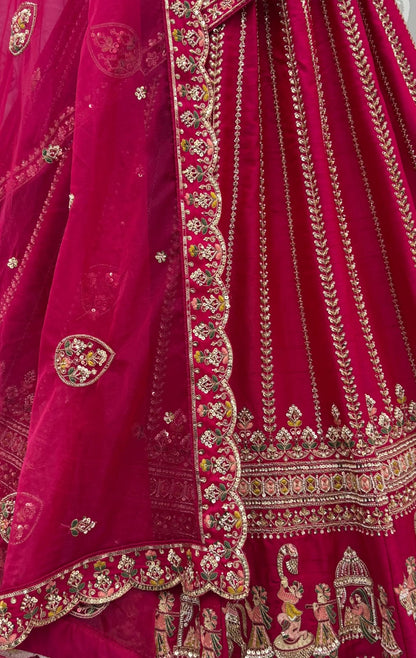 Pink Pure Premium Silk Heavy Beads &amp; Motif Dori Embroidery Zari Sequins Hand Work Bridal Lehenga Choli