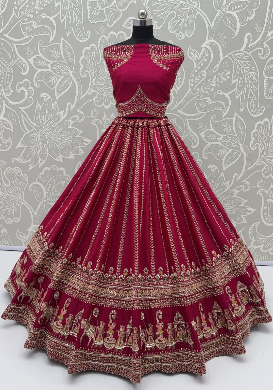 Pink Pure Premium Silk Heavy Beads &amp; Motif Dori Embroidery Zari Sequins Hand Work Bridal Lehenga Choli