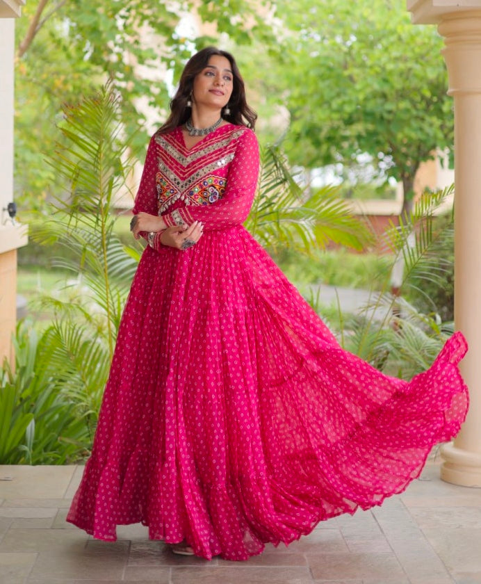 Pink Pure Faux Georgette Bandhani Print With Kutchi Patchwork Anarkali Long Gown