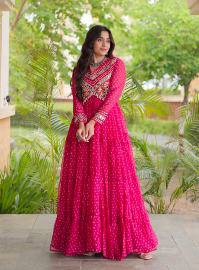 Pink Pure Faux Georgette Bandhani Print With Kutchi Patchwork Anarkali Long Gown