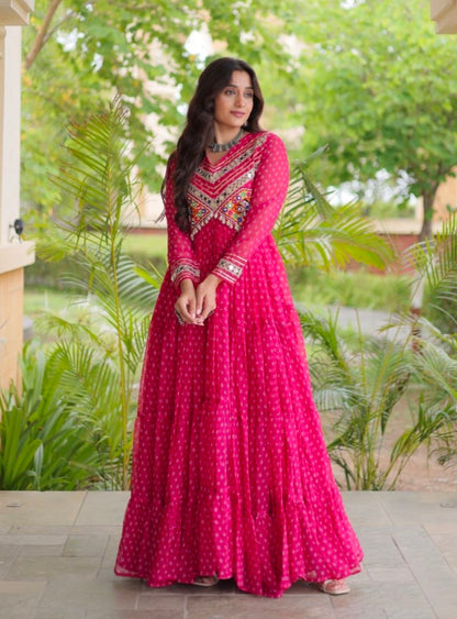 Pink Pure Faux Georgette Bandhani Print With Kutchi Patchwork Anarkali Long Gown