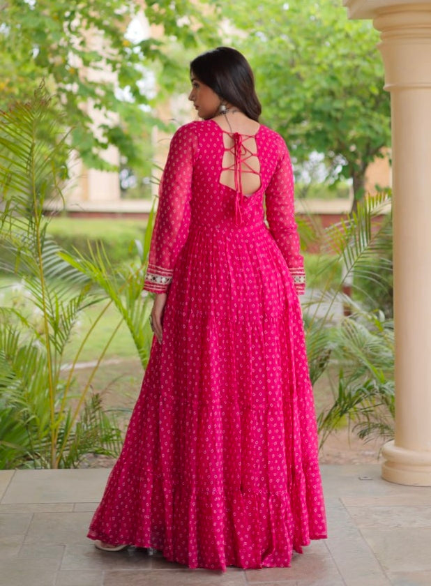Pink Pure Faux Georgette Bandhani Print With Kutchi Patchwork Anarkali Long Gown
