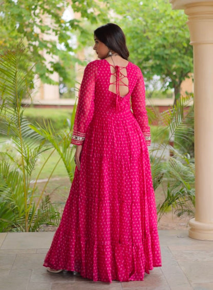 Pink Pure Faux Georgette Bandhani Print With Kutchi Patchwork Anarkali Long Gown
