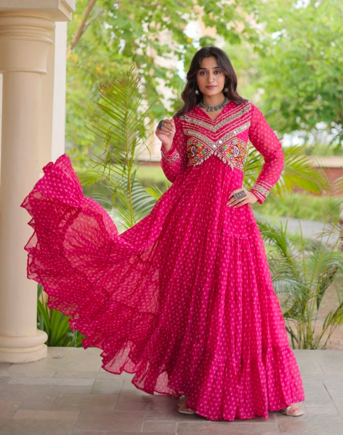 Pink Pure Faux Georgette Bandhani Print With Kutchi Patchwork Anarkali Long Gown