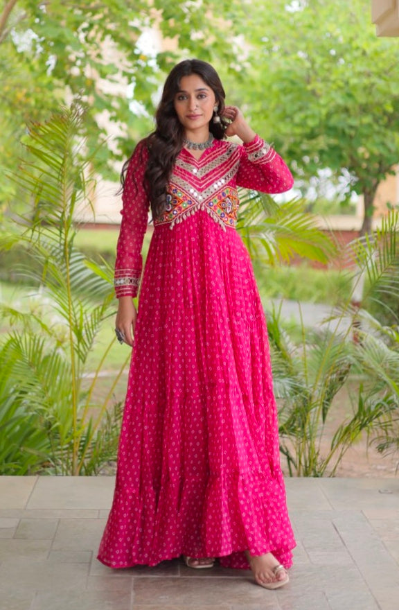 Pink Pure Faux Georgette Bandhani Print With Kutchi Patchwork Anarkali Long Gown