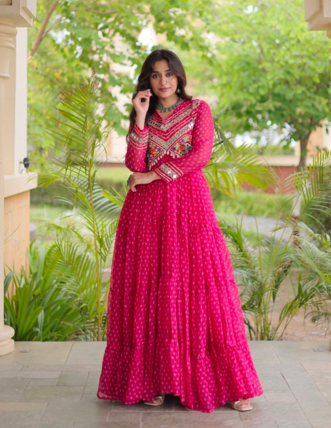 Pink Pure Faux Georgette Bandhani Print With Kutchi Patchwork Anarkali Long Gown