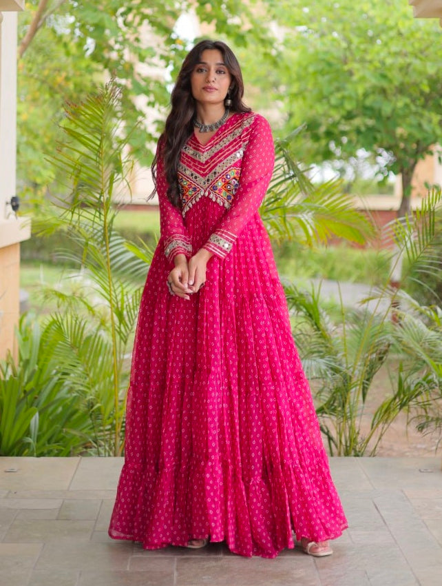 Pink Pure Faux Georgette Bandhani Print With Kutchi Patchwork Anarkali Long Gown