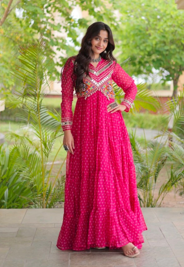 Pink Pure Faux Georgette Bandhani Print With Kutchi Patchwork Anarkali Long Gown