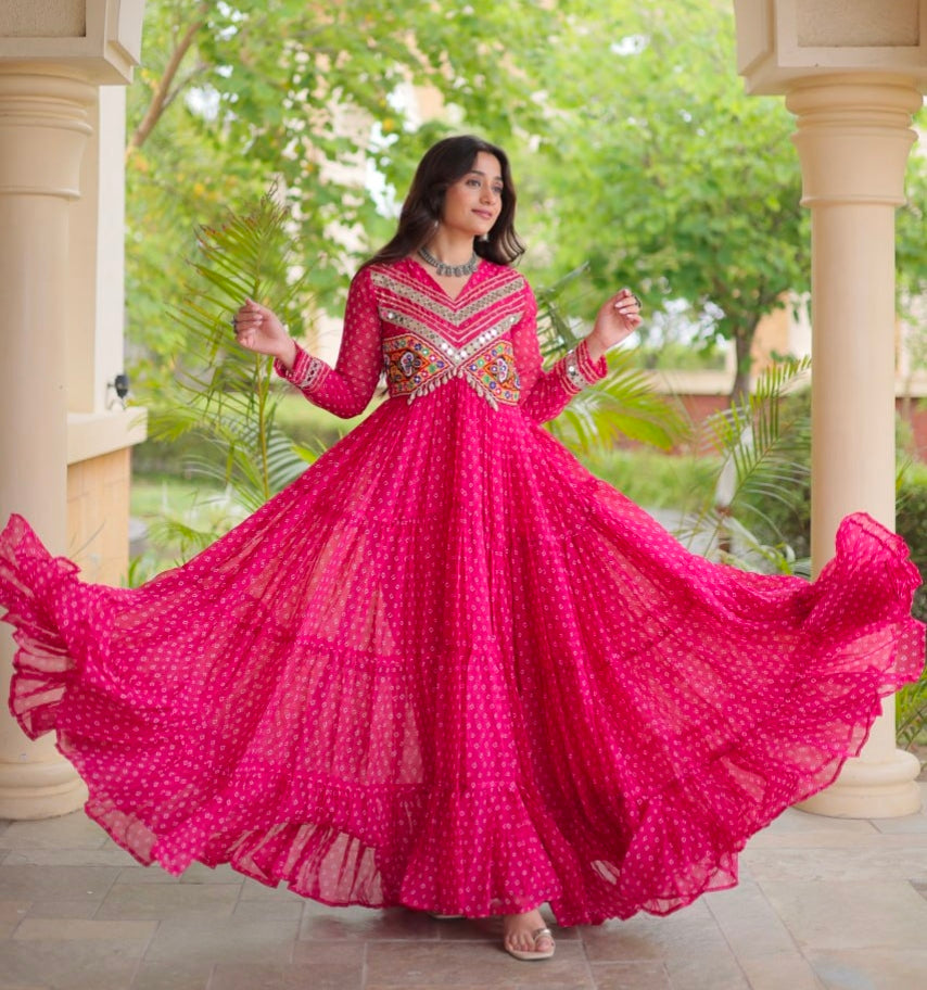 Pink Pure Faux Georgette Bandhani Print With Kutchi Patchwork Anarkali Long Gown