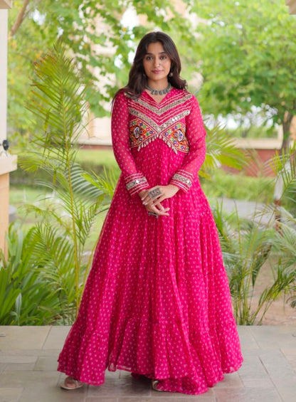 Pink Pure Faux Georgette Bandhani Print With Kutchi Patchwork Anarkali Long Gown