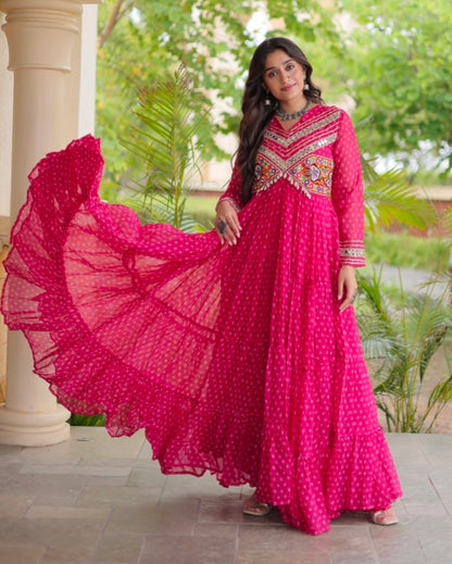 Pink Pure Faux Georgette Bandhani Print With Kutchi Patchwork Anarkali Long Gown