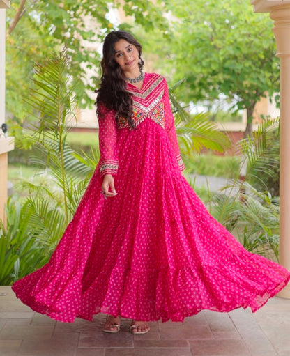 Pink Pure Faux Georgette Bandhani Print With Kutchi Patchwork Anarkali Long Gown