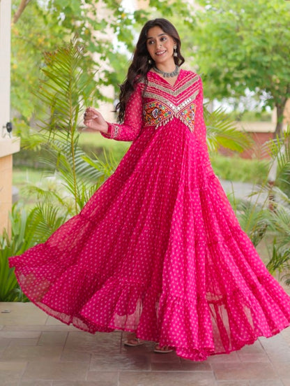 Pink Pure Faux Georgette Bandhani Print With Kutchi Patchwork Anarkali Long Gown