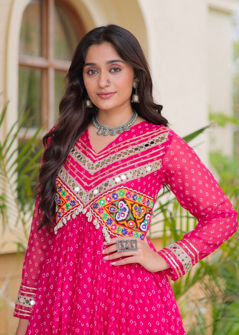 Pink Pure Faux Georgette Bandhani Print With Kutchi Patchwork Anarkali Long Gown