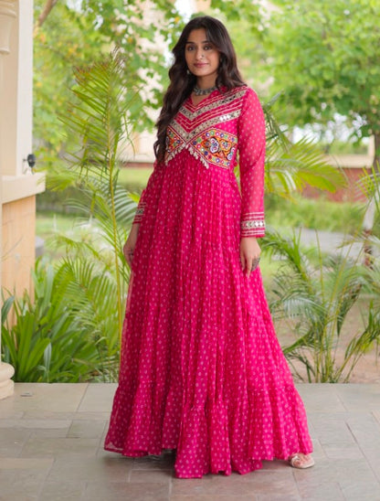 Pink Pure Faux Georgette Bandhani Print With Kutchi Patchwork Anarkali Long Gown