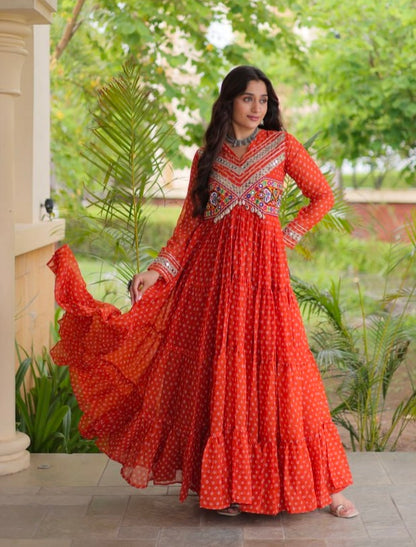 Orange Pure Faux Georgette Bandhani Print With Kutchi Patchwork Anarkali Long Gown