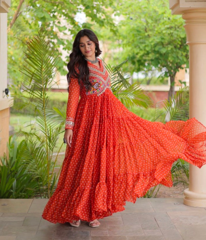 Orange Pure Faux Georgette Bandhani Print With Kutchi Patchwork Anarkali Long Gown