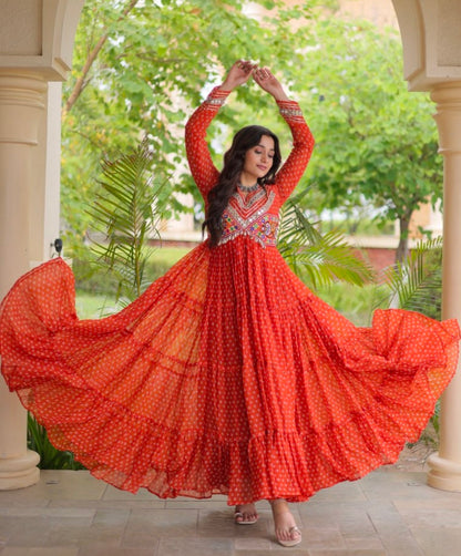 Orange Pure Faux Georgette Bandhani Print With Kutchi Patchwork Anarkali Long Gown