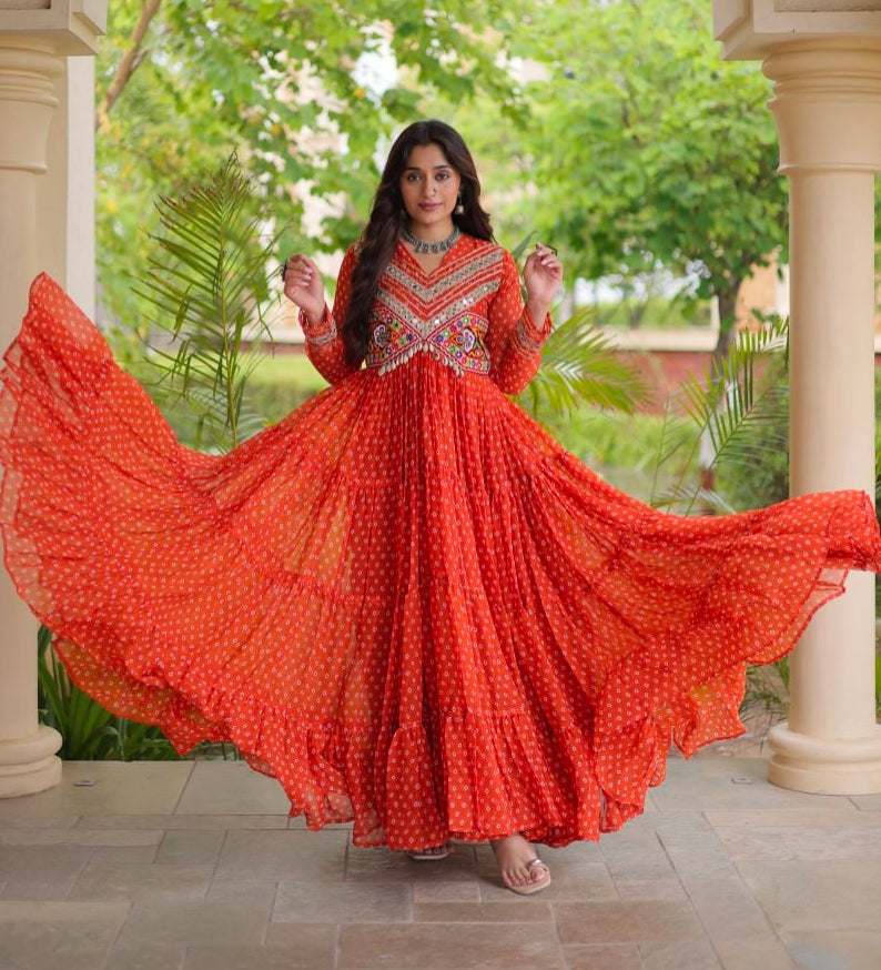 Orange Pure Faux Georgette Bandhani Print With Kutchi Patchwork Anarkali Long Gown