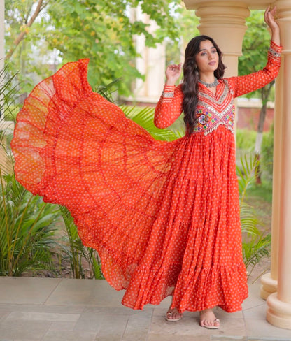 Orange Pure Faux Georgette Bandhani Print With Kutchi Patchwork Anarkali Long Gown
