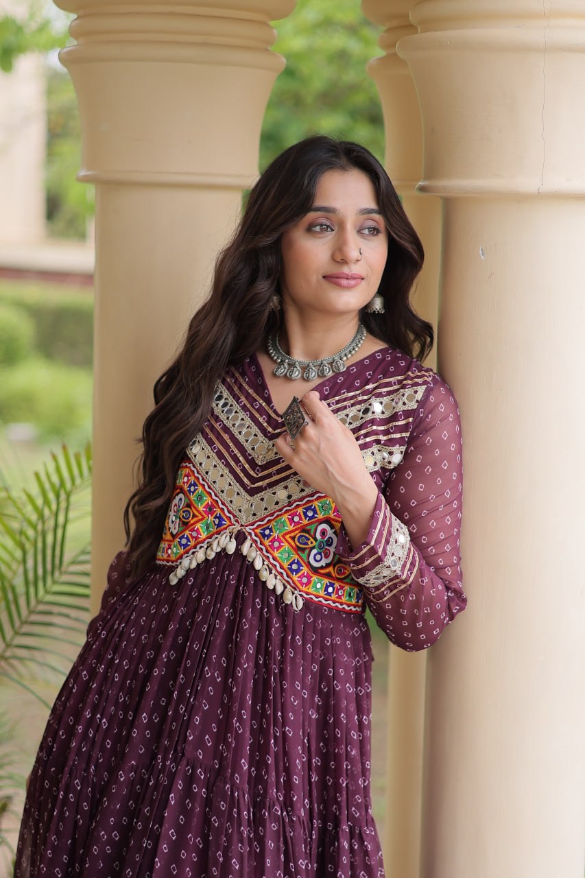 Wine Pure Faux Georgette Bandhani Print With Kutchi Patchwork Anarkali Long Gown