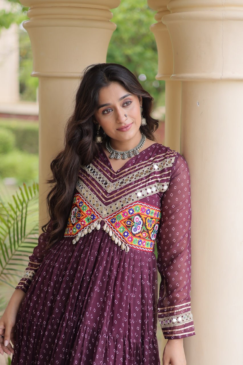 Wine Pure Faux Georgette Bandhani Print With Kutchi Patchwork Anarkali Long Gown