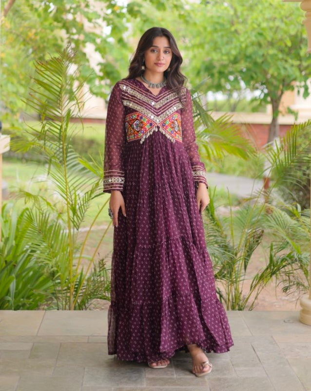 Wine Pure Faux Georgette Bandhani Print With Kutchi Patchwork Anarkali Long Gown